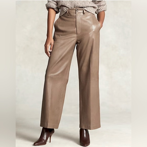 Women’s Polo Ralph Lauren Tan Lambskin Leather Wide Leg Cropped Pants NWT - Picture 1 of 5